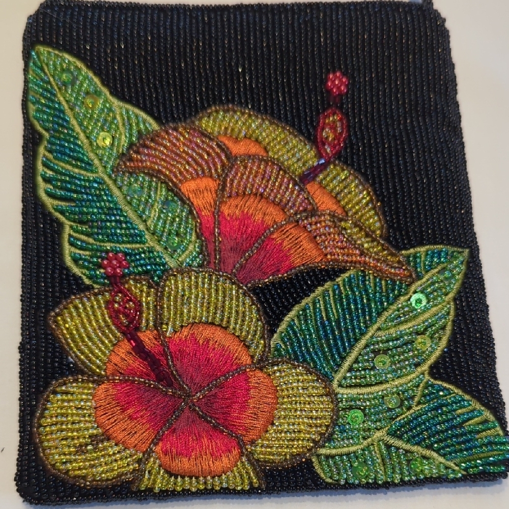 Black Beaded Crossbody Bag with Multicolor Floral Embroidery - Picture 7 of 7